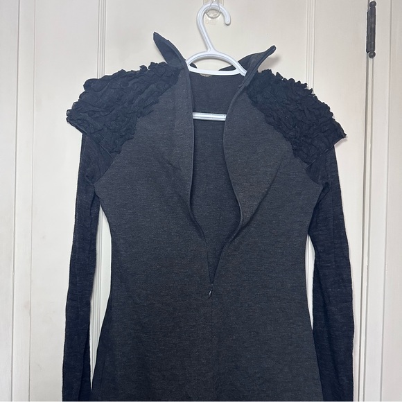 Tenax Charcoal Mock Neck Dress, Black Ruffle Details, Long Semi-Sheer Sleeves - Picture 5 of 13